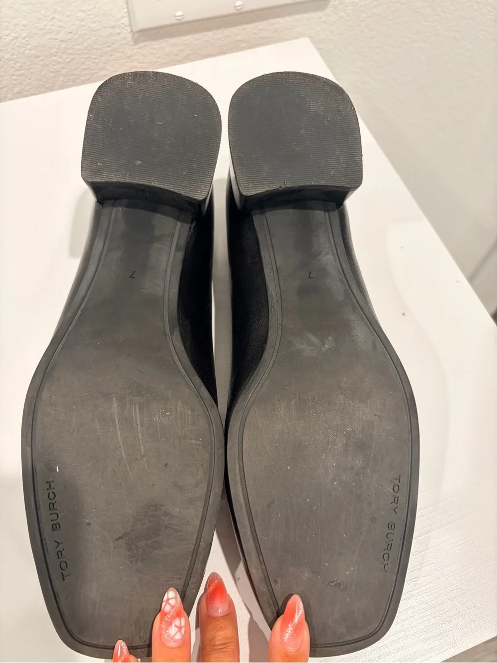 Tory Burch Black Leather Logo Square-Toe 1 inch heels
